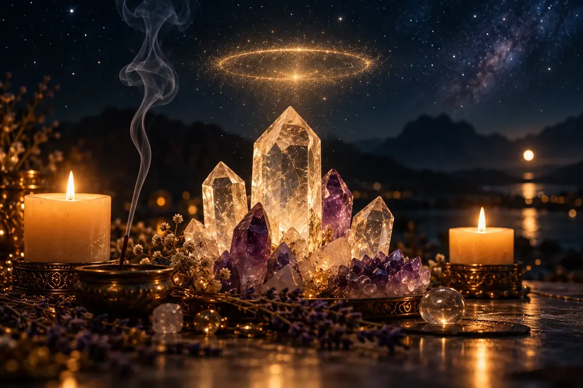 Quartz and amethyst crystals with two lit candles and rising incense smoke