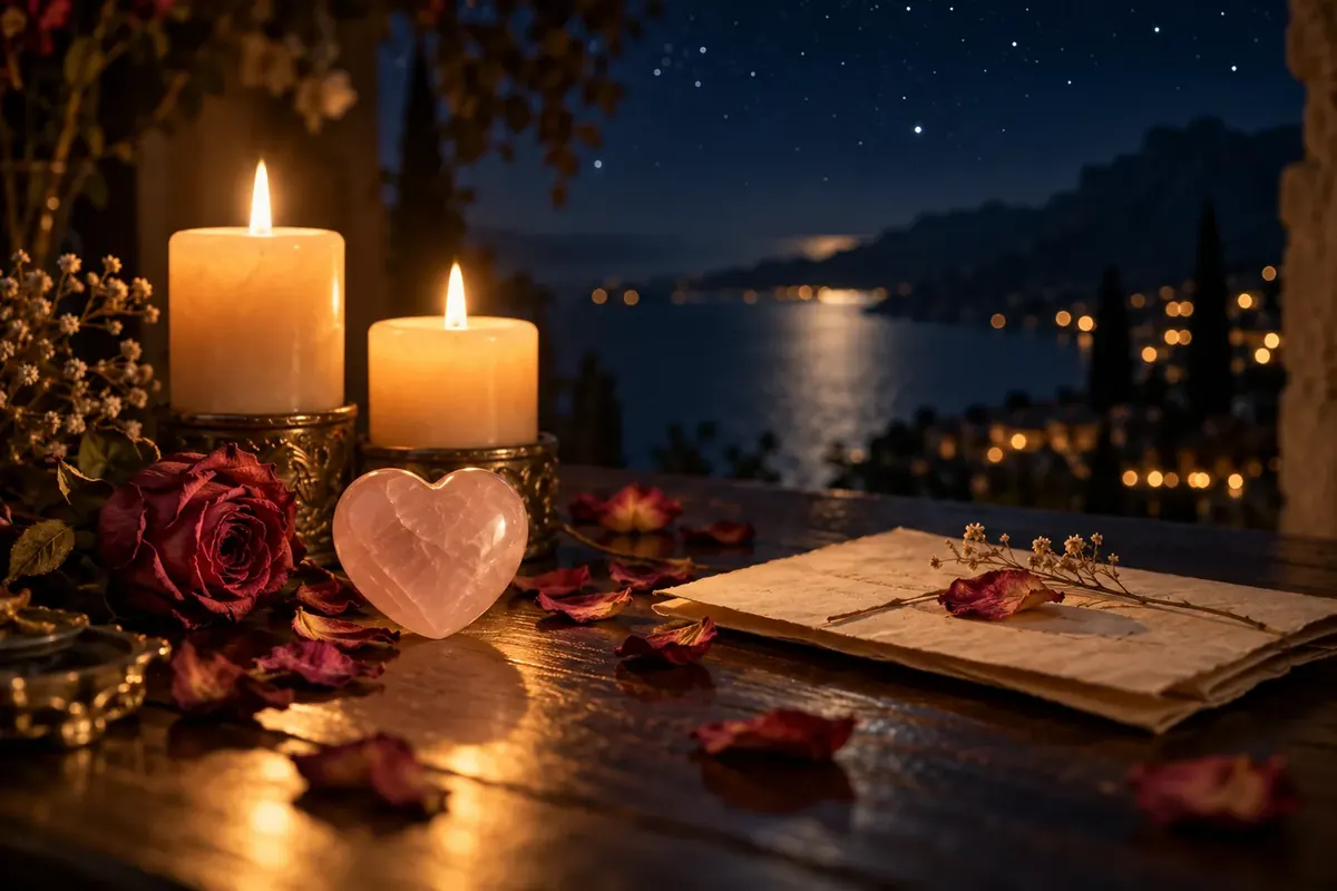 Two lit candles with a rose quartz heart, rose petals and a folded letter