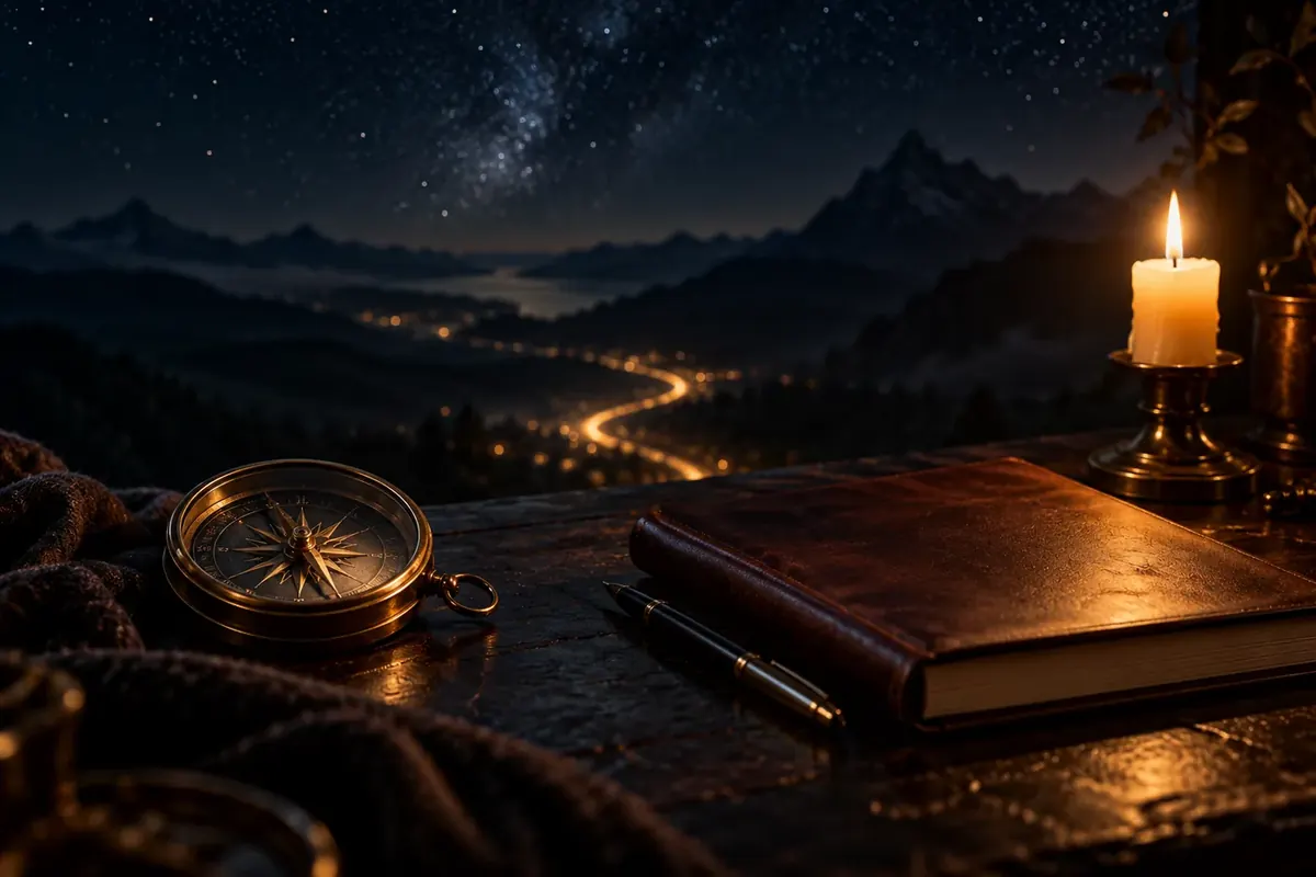 A brass compass, a leather notebook and a lit candle on a dark desk